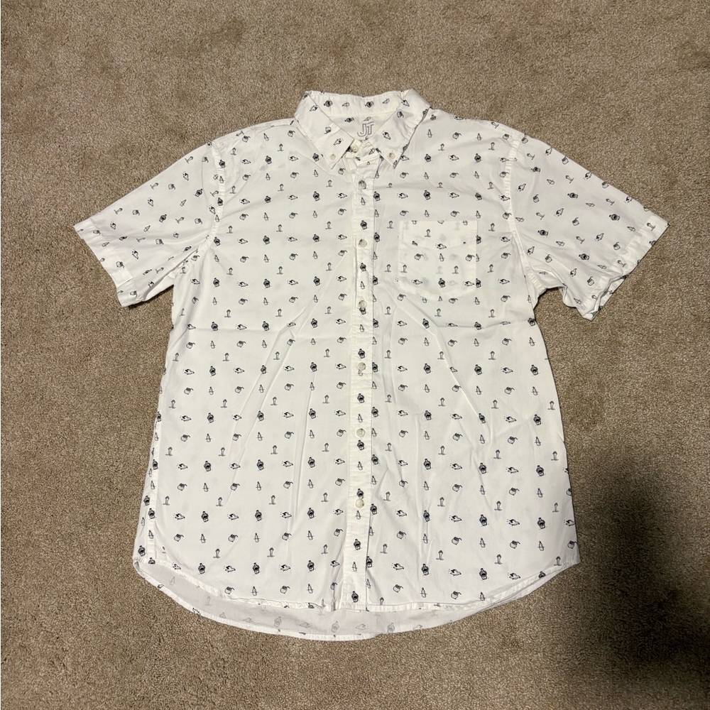 JackThreads Men's Short Sleeve Button Down White w Beachy Pattern Cotton, Sz L